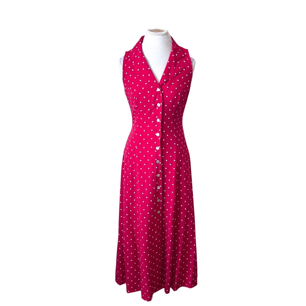 Sheri Martin Vintage Polka Dot Maxi Dress 8 Red Retro Button Front Cross Back